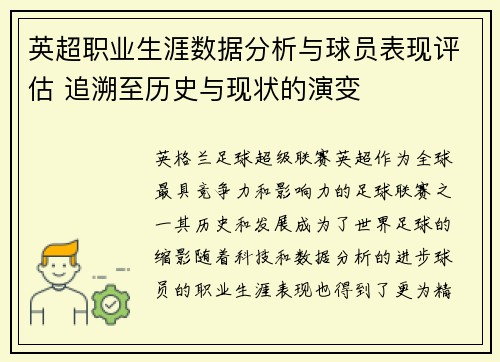 英超职业生涯数据分析与球员表现评估 追溯至历史与现状的演变